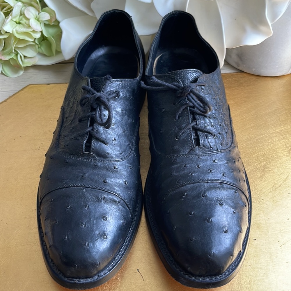 EXOTIC Genuine Ostrich Max Leather USA Cap Toe Oxfords in Black